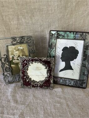 3 ornate photo frames pewter tone metal
